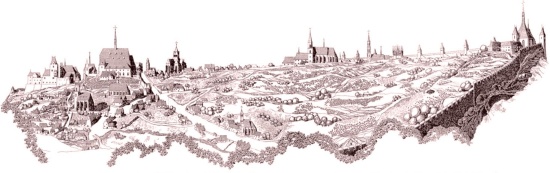 Pohled do albertovského údolí po založení Nového Města pražského (reprodukce kresby z publikace Nové Město pražské od V. Lorence).