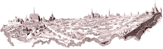 View into the Albertov Valley after the foundation of the New Town of Prague (drawing reprinted from V. Lorenc’s New Town of Prague).
