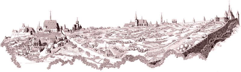 View into the Albertov Valley after the foundation of the New Town of Prague (drawing reprinted from V. Lorenc’s New Town of Prague). View into the Albertov Valley after the foundation of the New Town of Prague (drawing reprinted from V. Lorenc’s New Town of Prague).